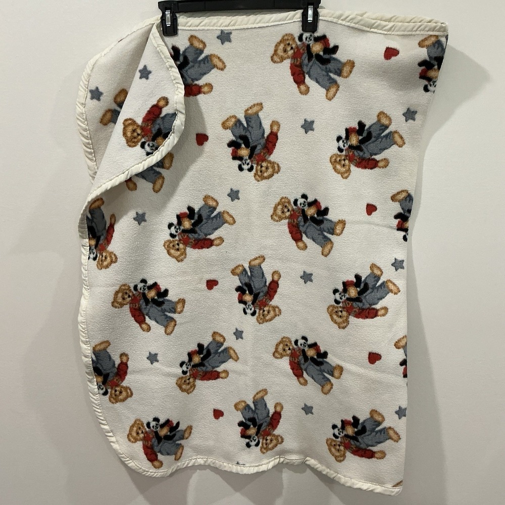 Vintage Welcome to the World BLUE JEAN TEDDY Fleece Throw Baby‎ Blanket 36 X 58